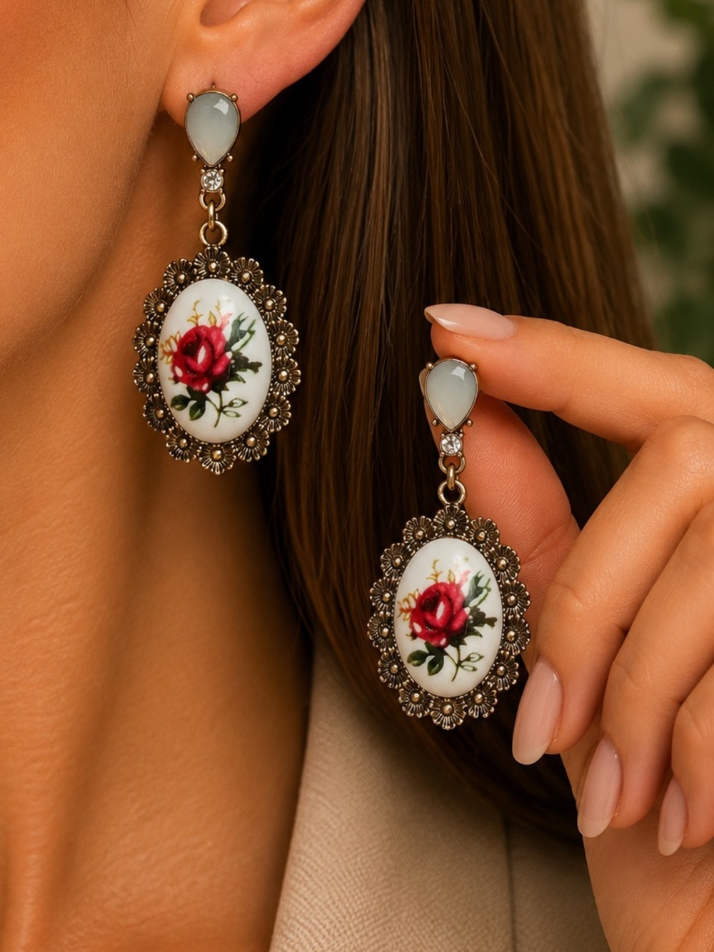 Red Rose Porcelain Drop Earrings with Gold Filigree - Picture 3 of 7